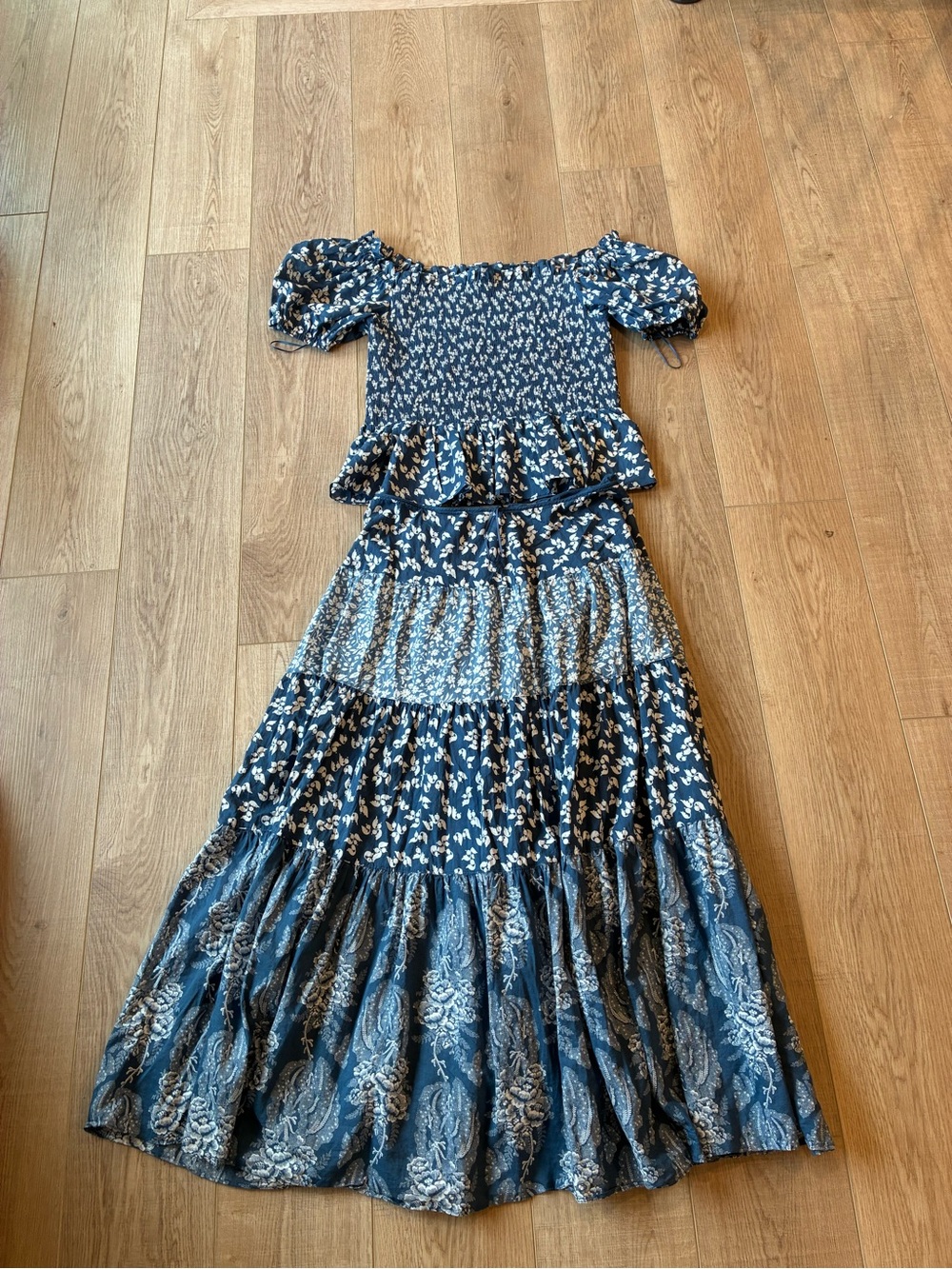 Ralph Lauren matching set prairie tiered skirt smocked blouse short sleeve 10
